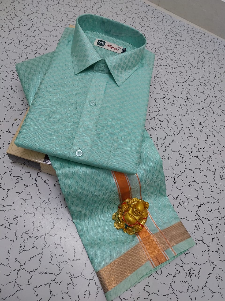 Wedding Special Emboss Design Father & Son Dhoti Shirt Combo