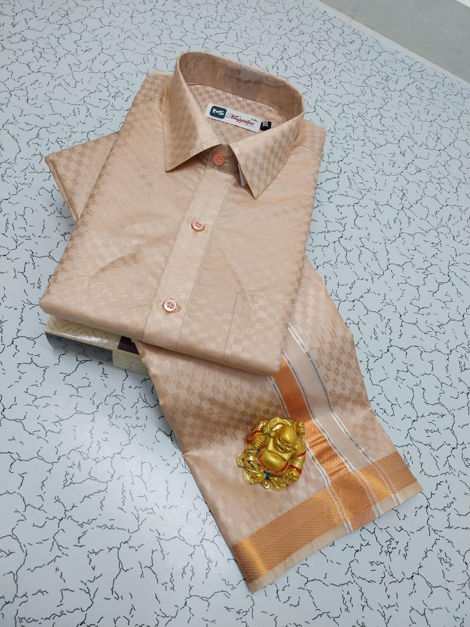 Father & Son Emboss Pattern Dhoti Shirt Combo