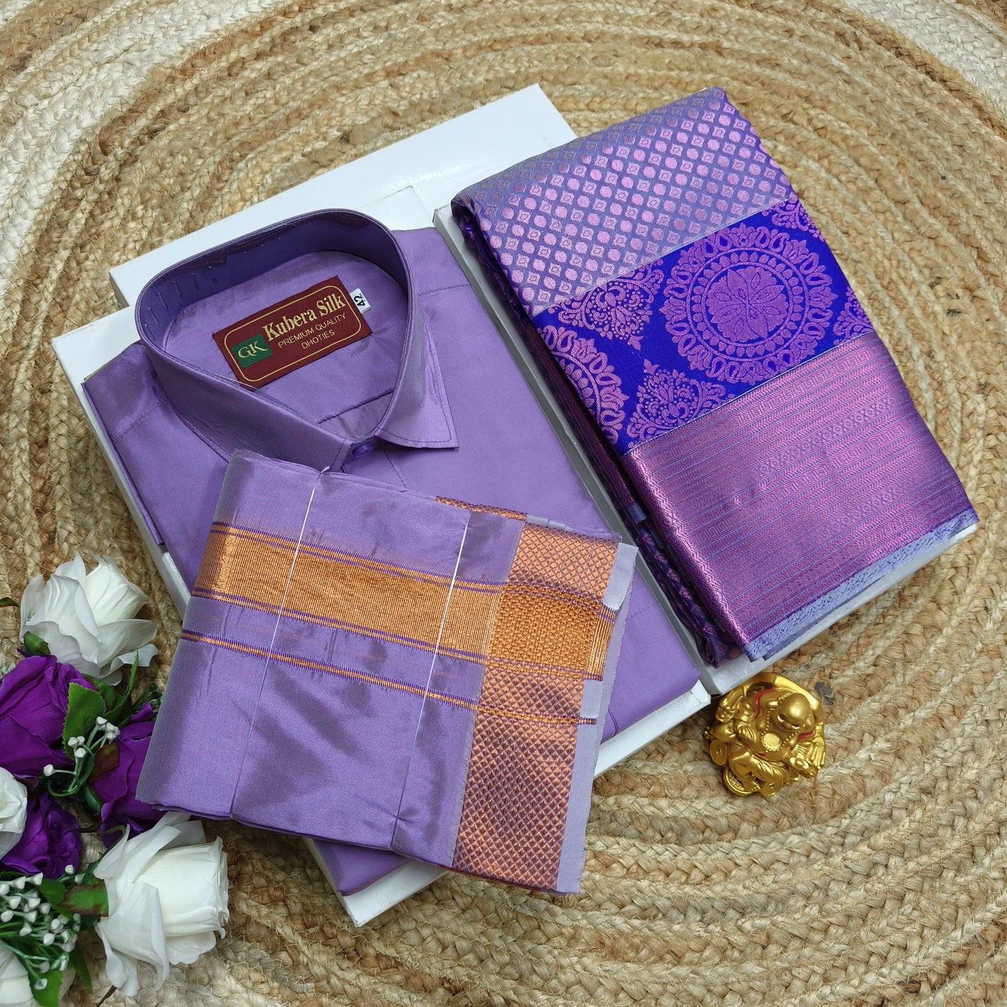 Couple Combo Set - Saree and Men's Dhoti Shirt - CoupleWeaves