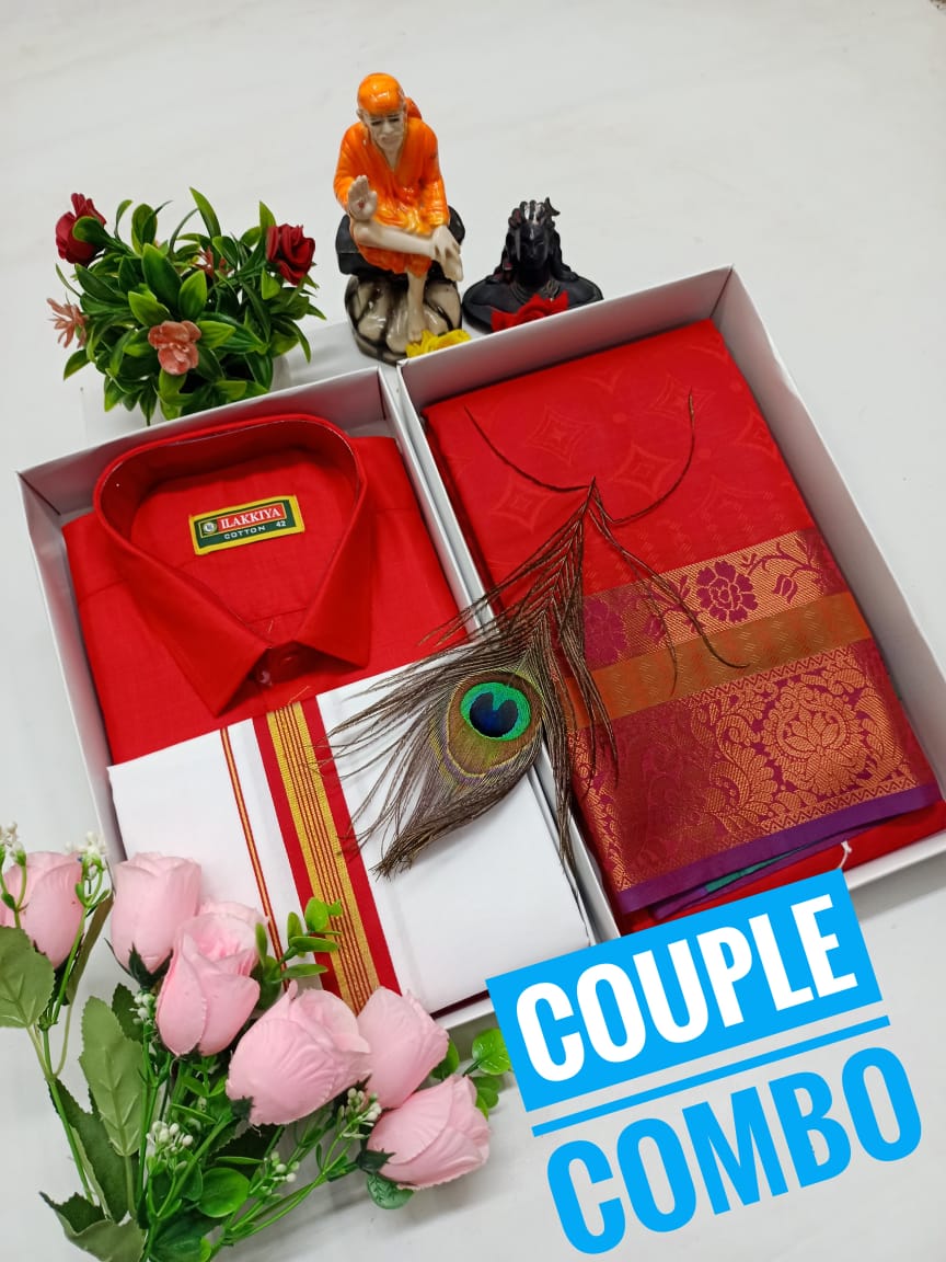 Blended Cotton Shirt Dhoti & Embossed Saree Set - CoupleWeaves
