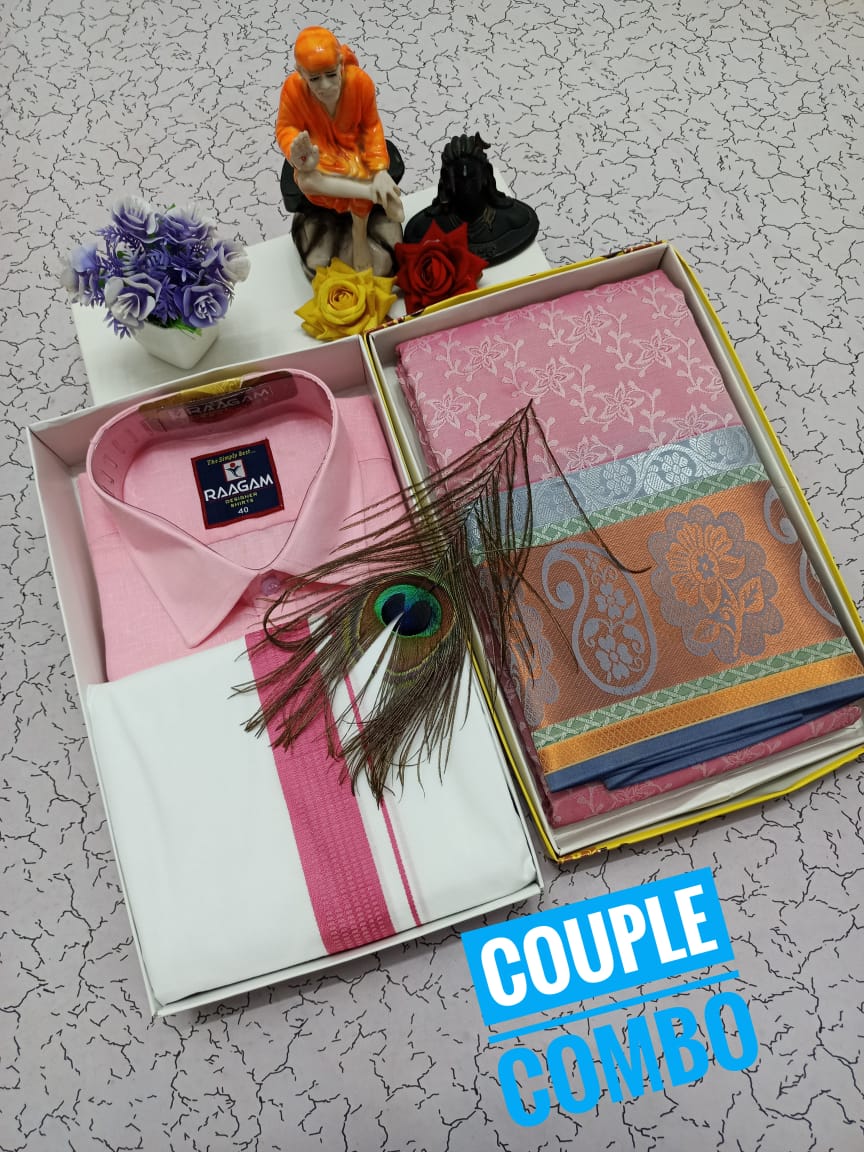 Couple Combo – Semi Silk Embossed Saree & Blended Menswear - CoupleWeaves