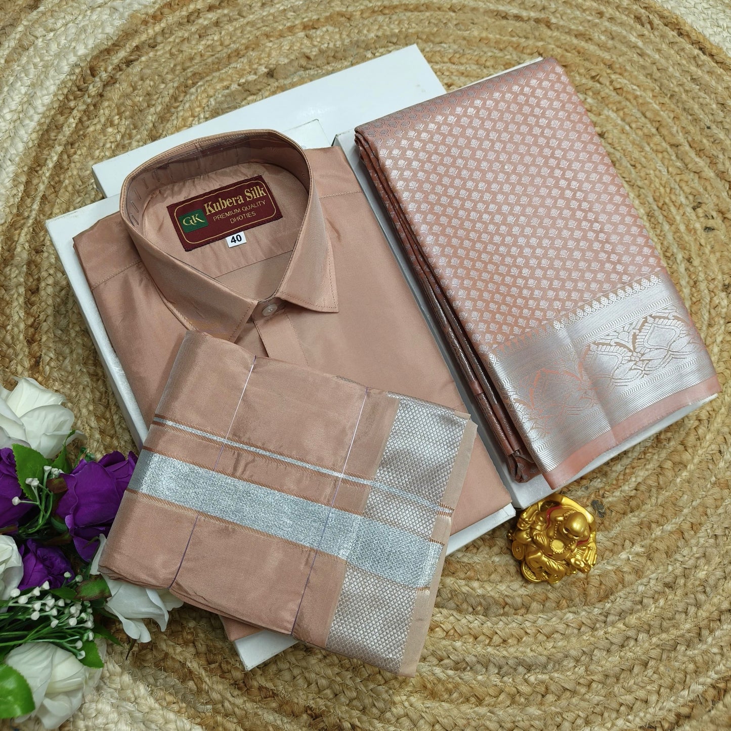 Couple Outfit – Saree & Silk Dhoti Shirt - CoupleWeaves
