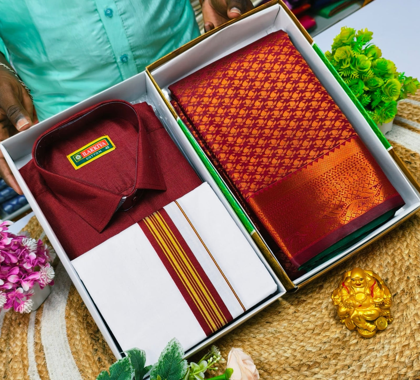 Cultural Combo – Semi Silk Saree with Dhoti Shirt - CoupleWeaves