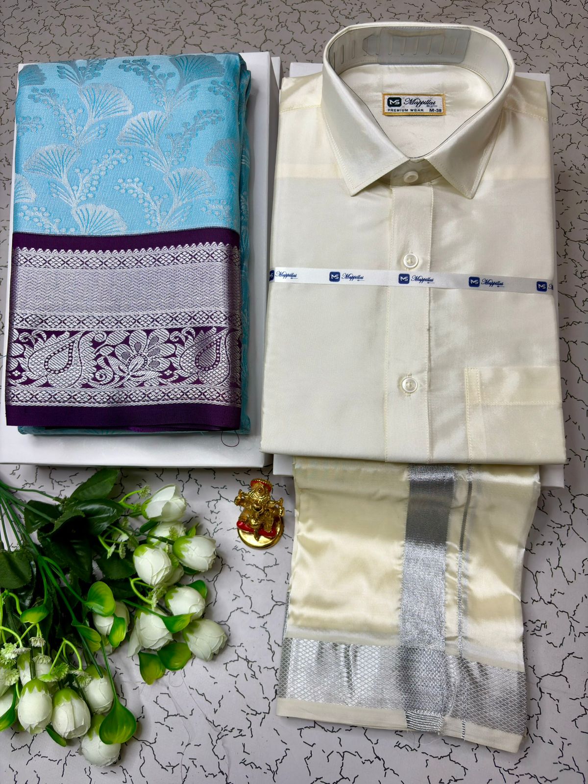 Couple Combo - Korvai Semi Silk Saree with Semi Silk Dhoti Shirt
