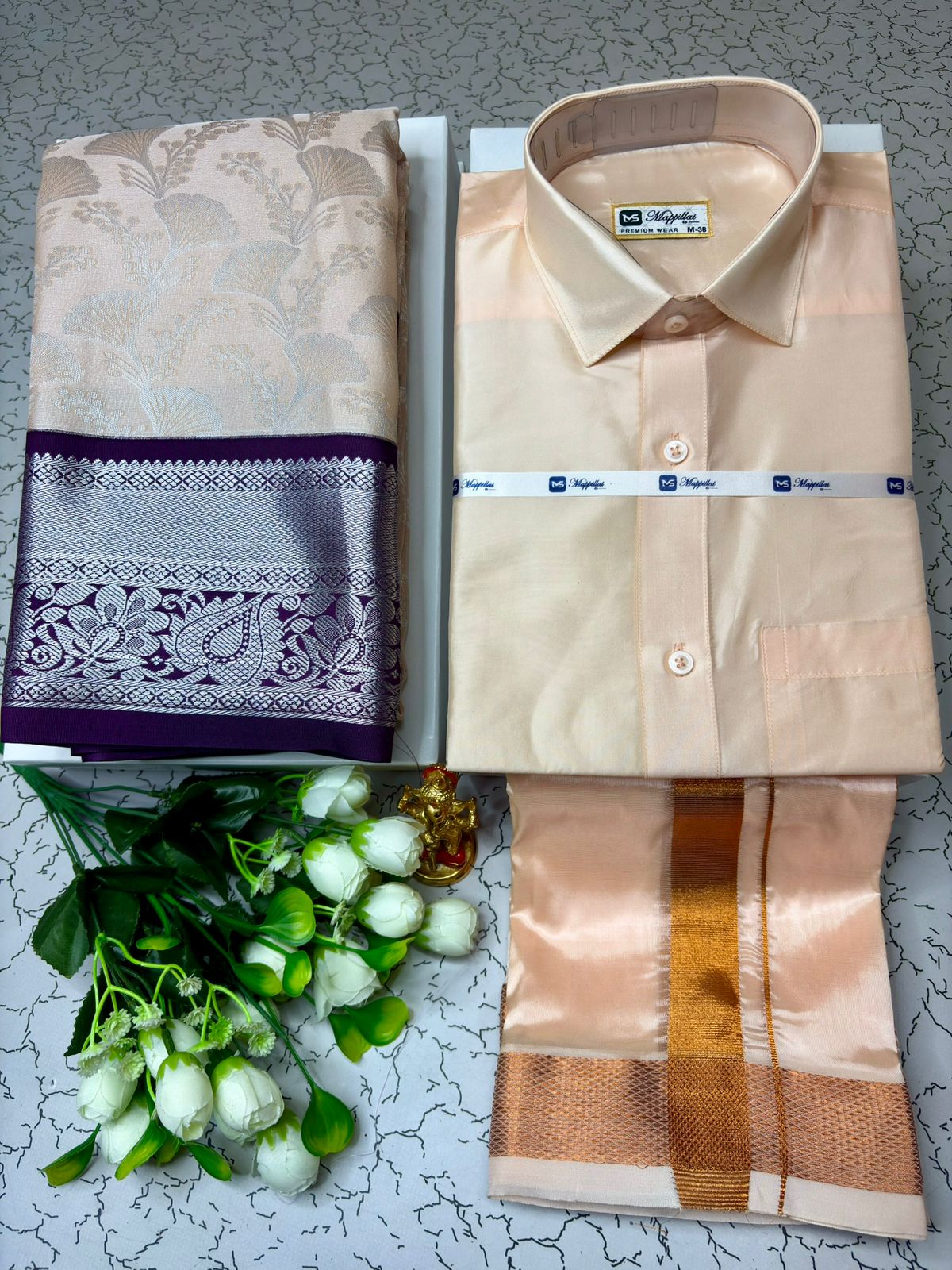 Couple Combo - Korvai Semi Silk Saree with Semi Silk Dhoti Shirt
