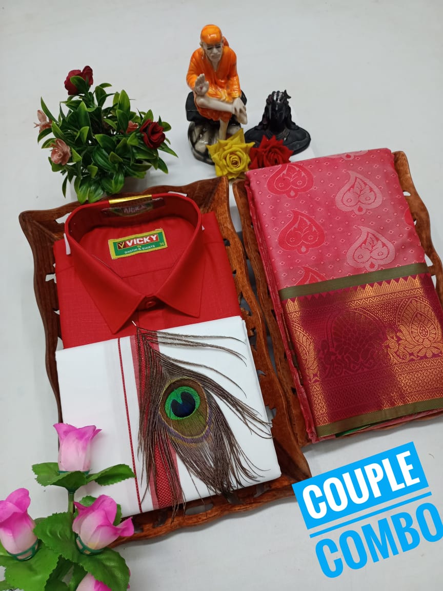 Light Wedding Combo Embossed Saree & Dhoti Shirt - Red - CoupleWeaves