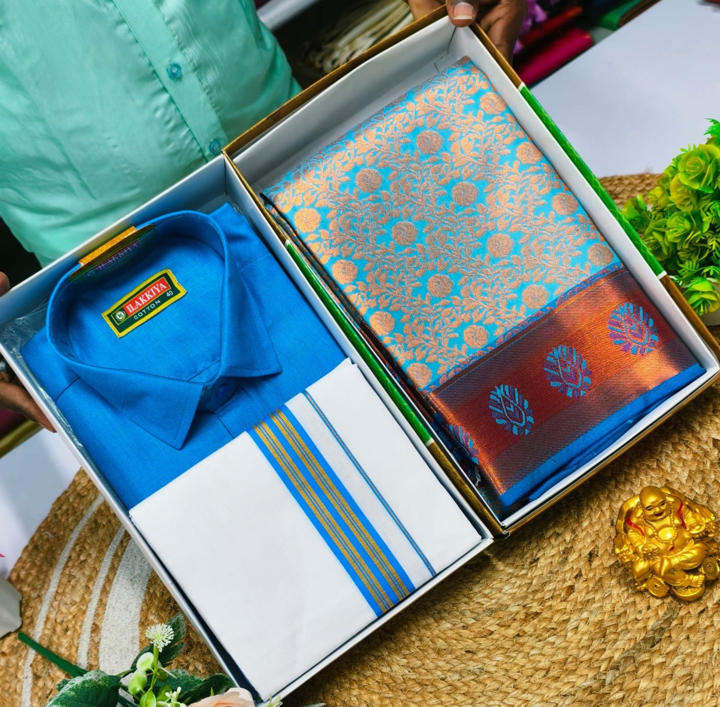 Saree & Cotton Blend Couple Outfit – Light Edition - CoupleWeaves