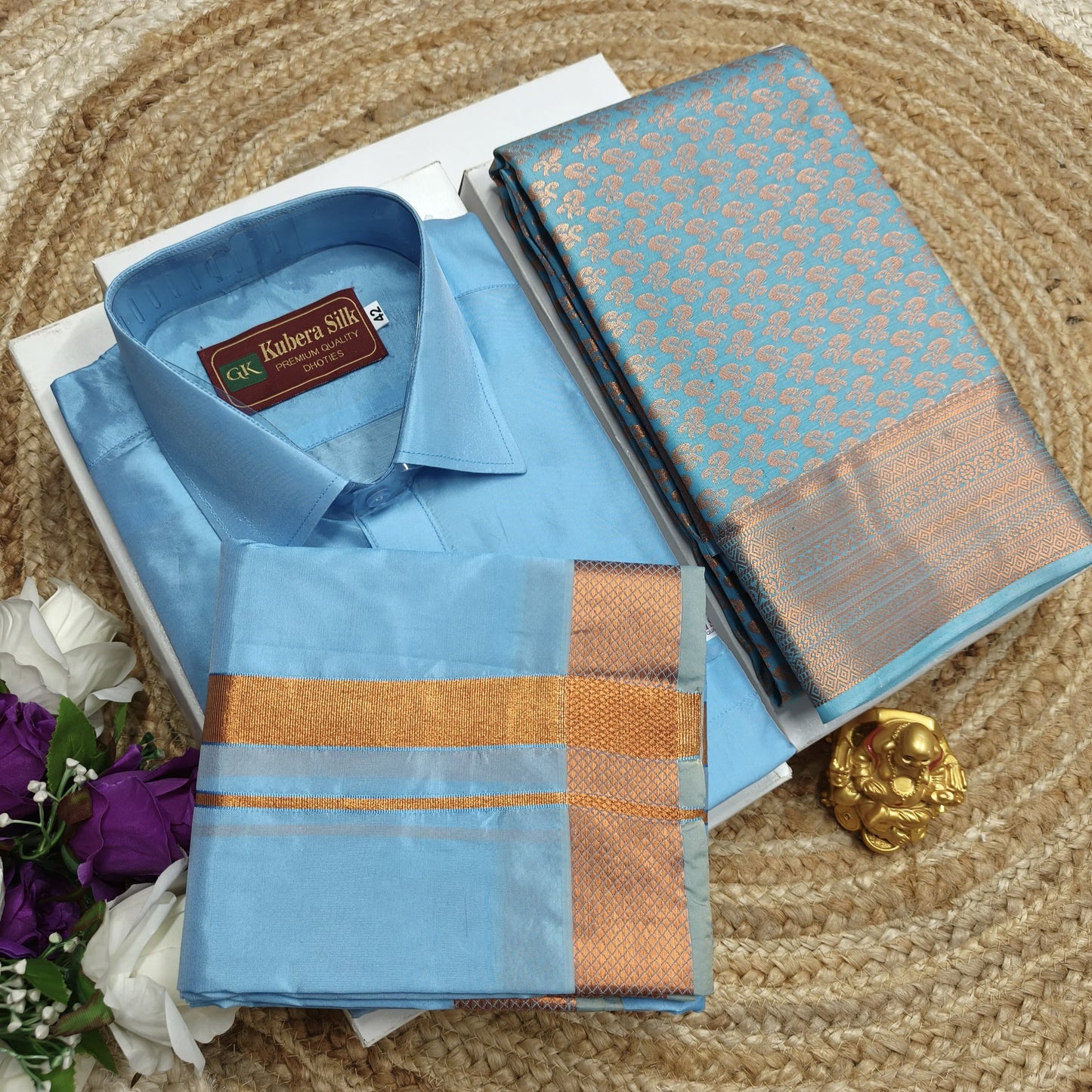 Saree with Men’s Silk Shirt and Dhoti Set - CoupleWeaves