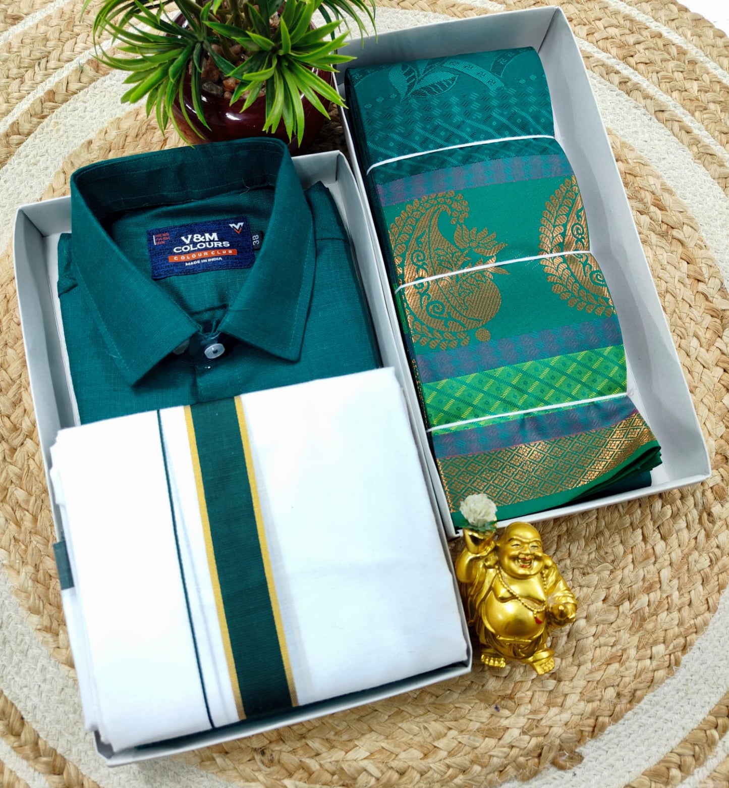 Semi Silk Embossed Saree and Cotton Dhoti Shirt for Couples