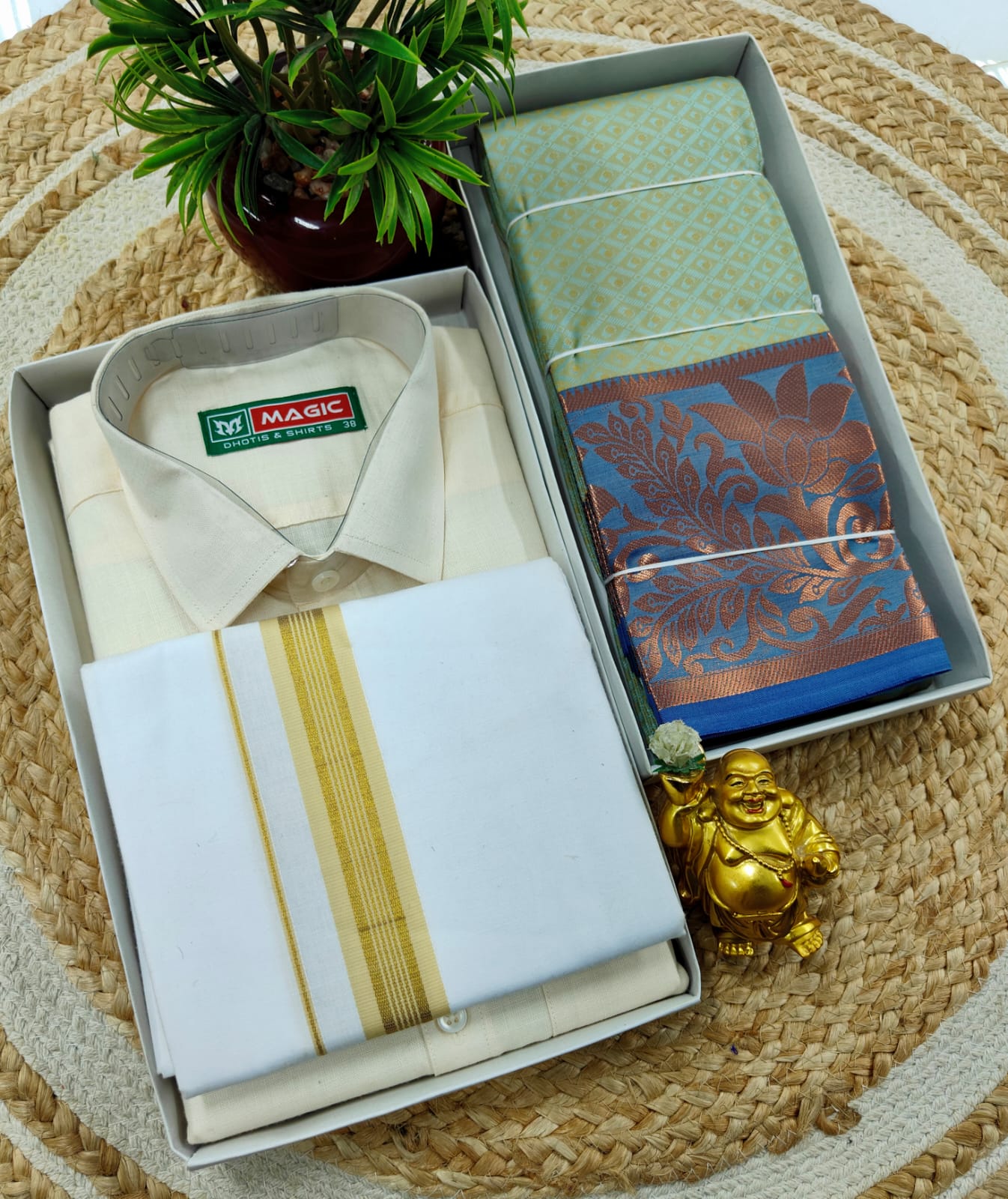 Semi Silk Embossed Saree and Cotton Dhoti Shirt for Couples