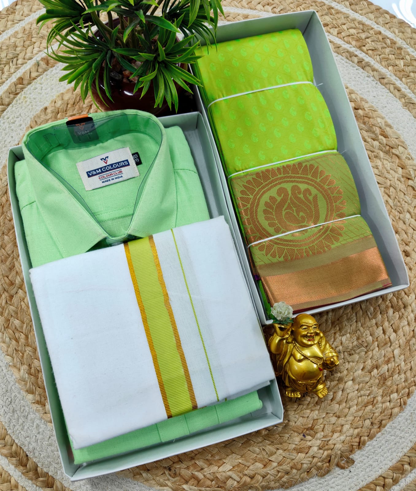 Semi Silk Embossed Saree and Cotton Dhoti Shirt for Couples