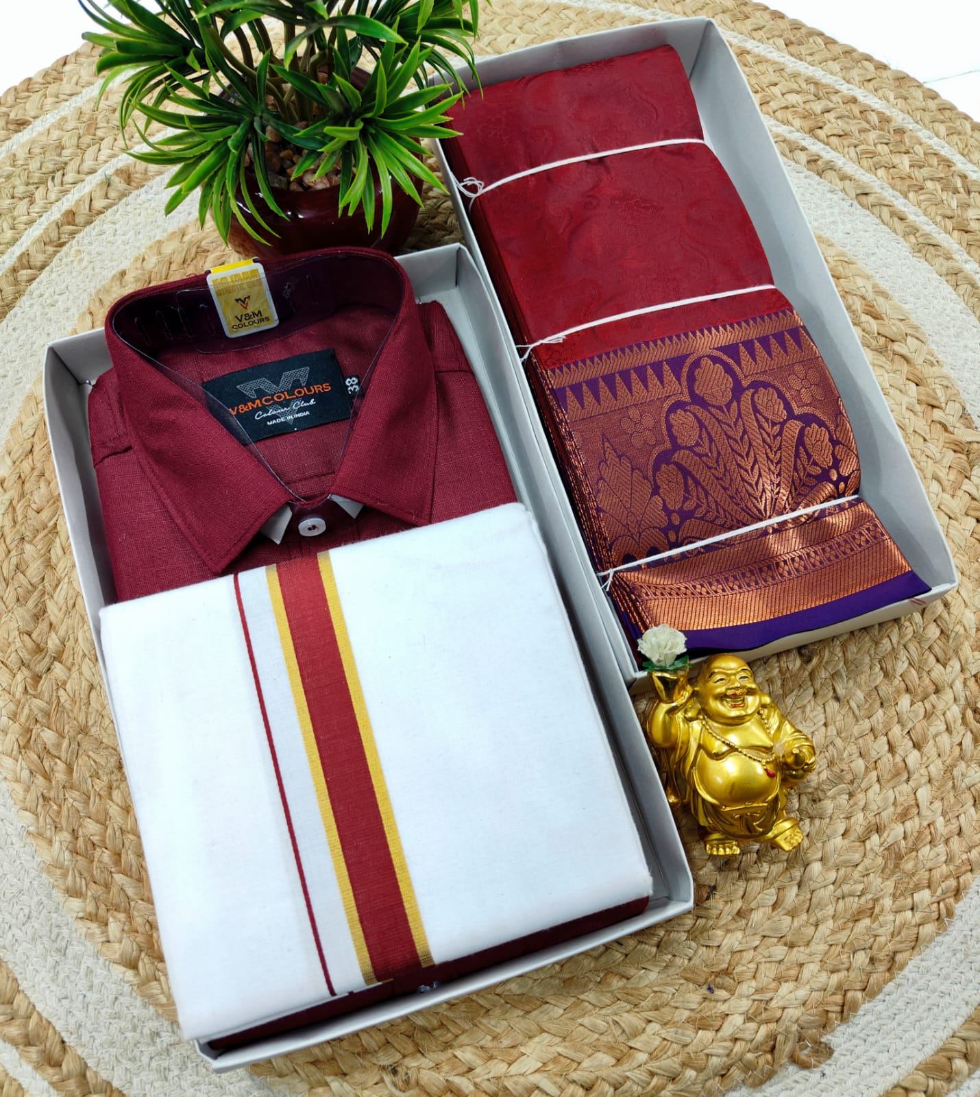 Semi Silk Embossed Saree and Cotton Dhoti Shirt for Couples
