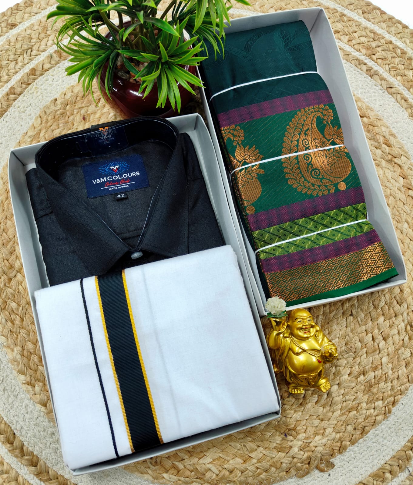 Semi Silk Embossed Saree and Cotton Dhoti Shirt for Couples