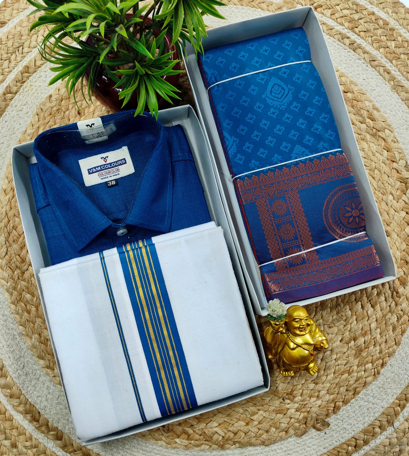 Semi Silk Embossed Saree and Cotton Dhoti Shirt for Couples