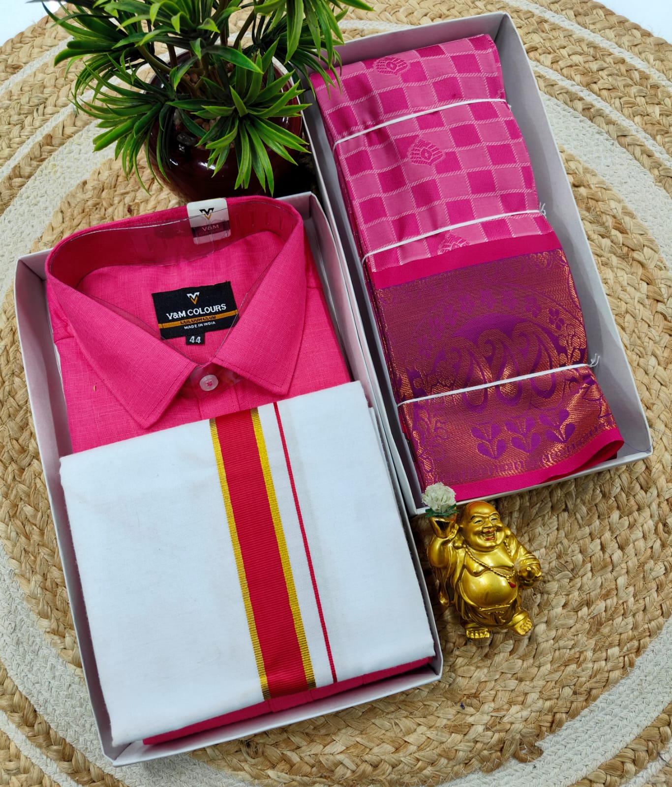 Semi Silk Embossed Saree and Cotton Dhoti Shirt for Couples