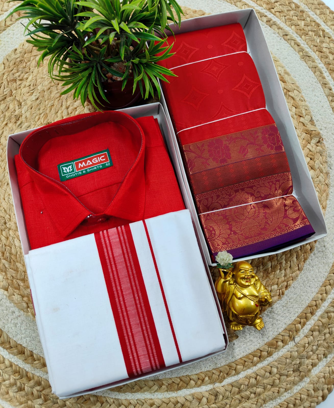 Semi Silk Embossed Saree and Cotton Dhoti Shirt for Couples