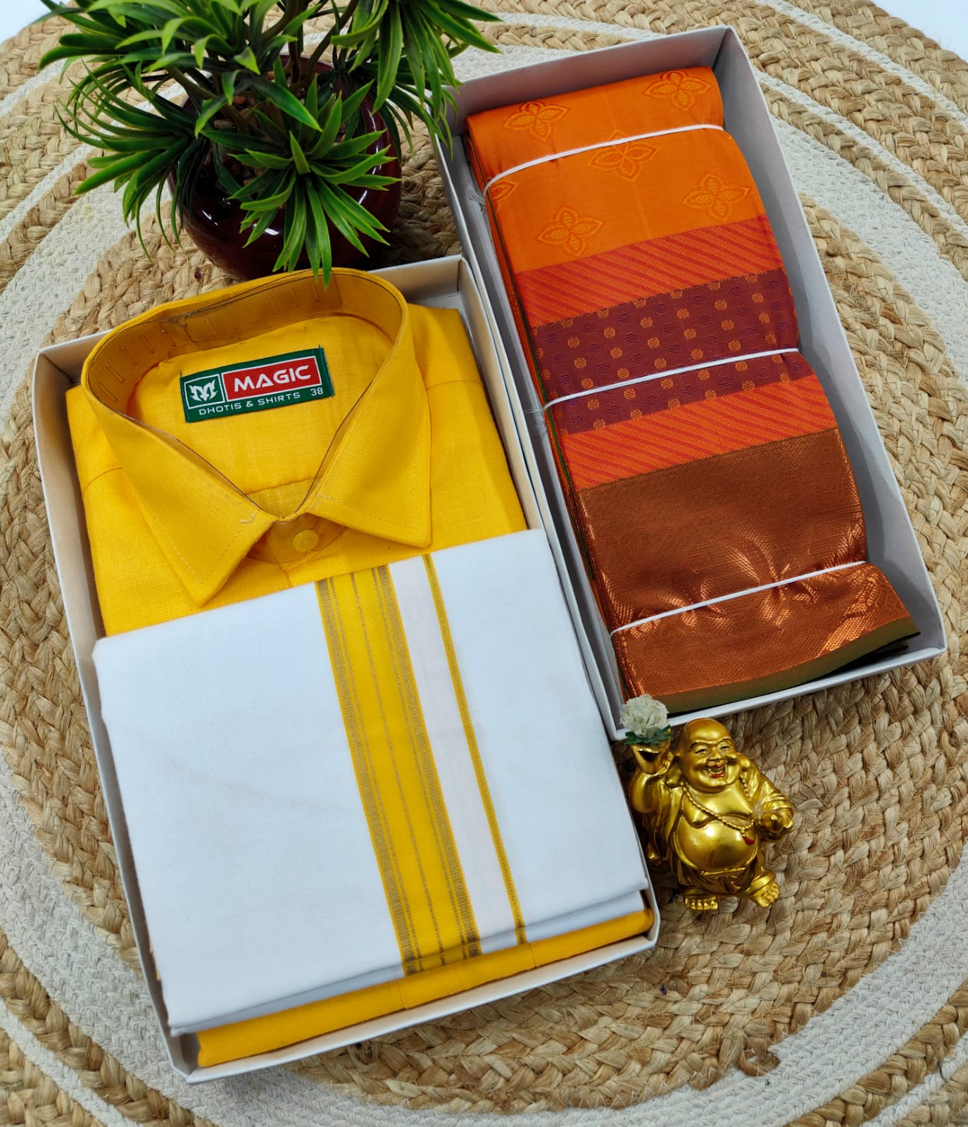 Semi Silk Embossed Saree and Cotton Dhoti Shirt for Couples