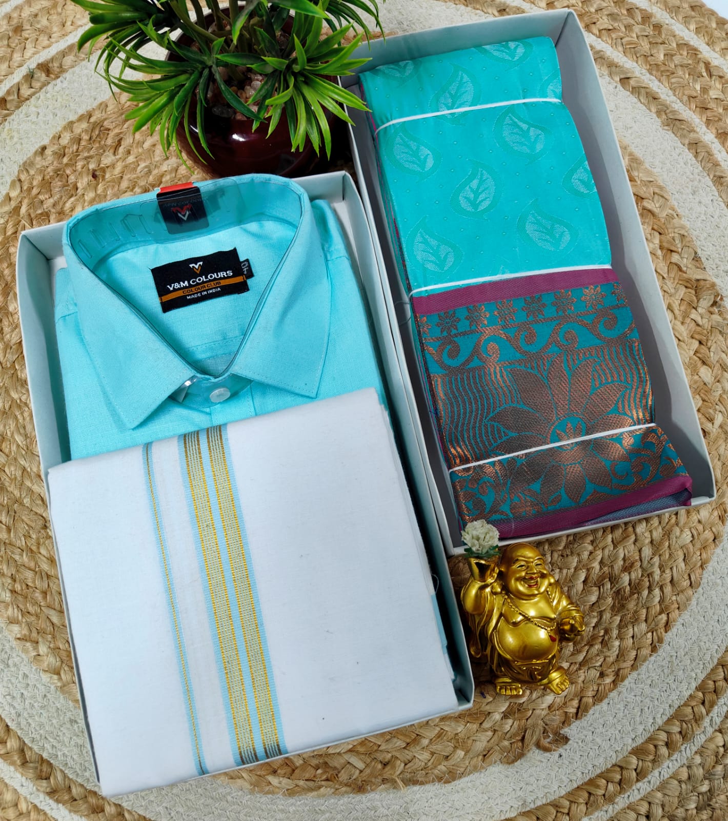 Semi Silk Embossed Saree and Cotton Dhoti Shirt for Couples