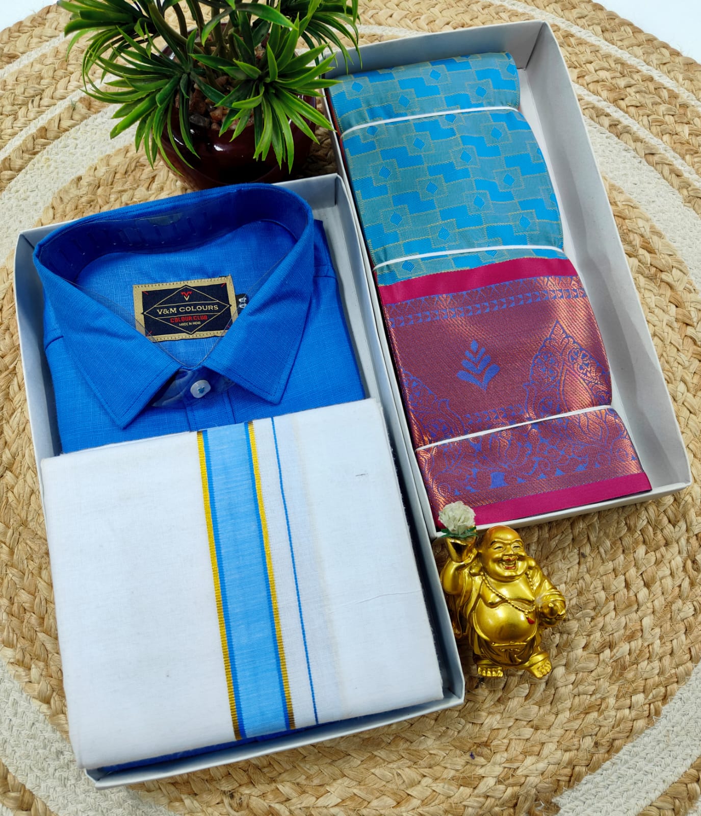 Semi Silk Embossed Saree and Cotton Dhoti Shirt for Couples