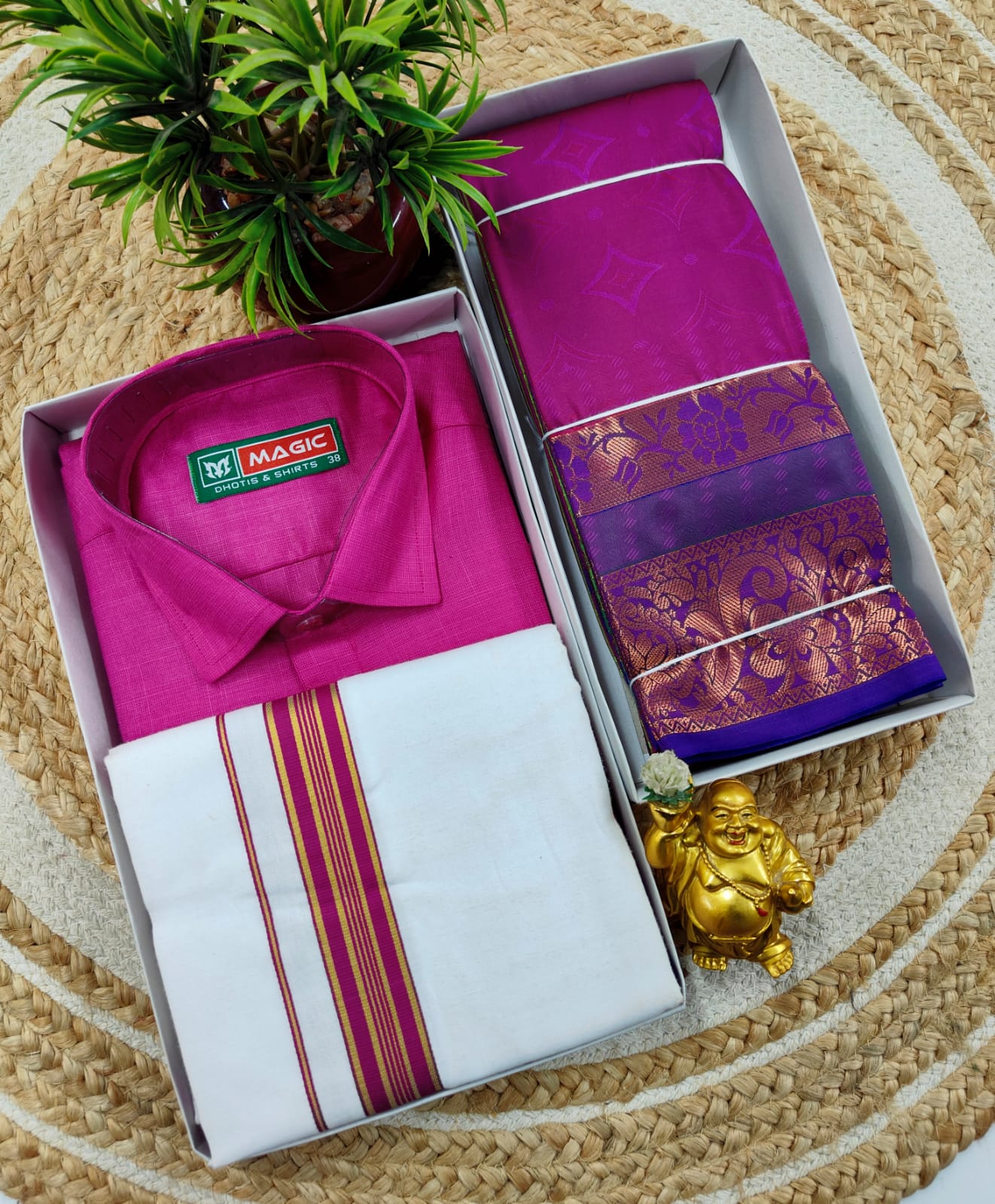 Semi Silk Embossed Saree and Cotton Dhoti Shirt for Couples
