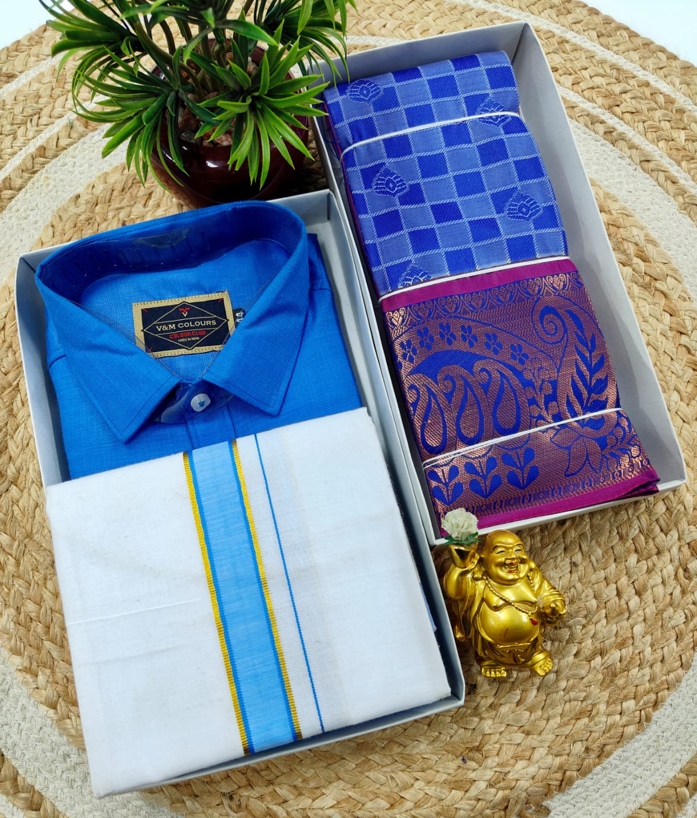 Semi Silk Embossed Saree and Cotton Dhoti Shirt for Couples
