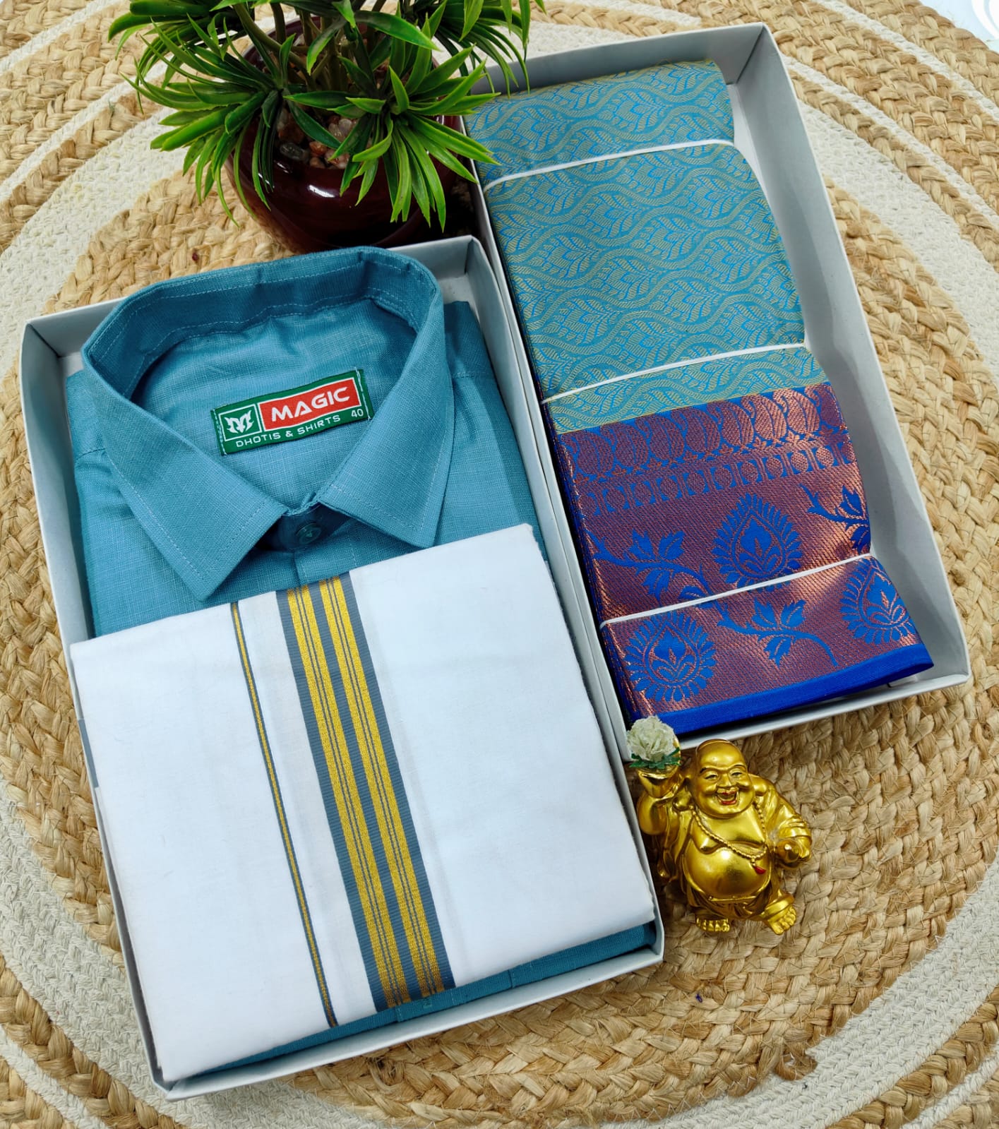 Semi Silk Embossed Saree and Cotton Dhoti Shirt for Couples