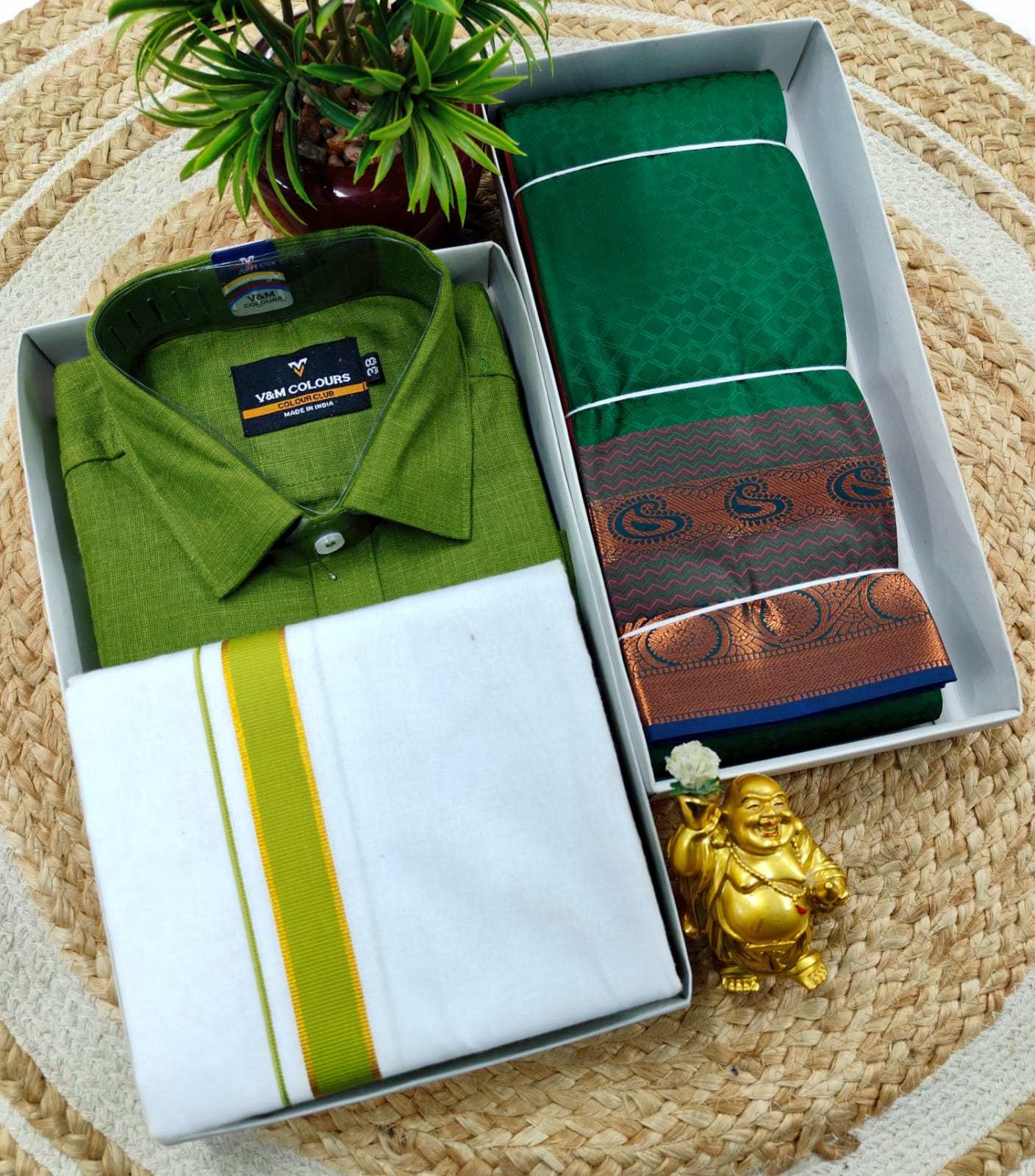 Semi Silk Embossed Saree and Cotton Dhoti Shirt for Couples