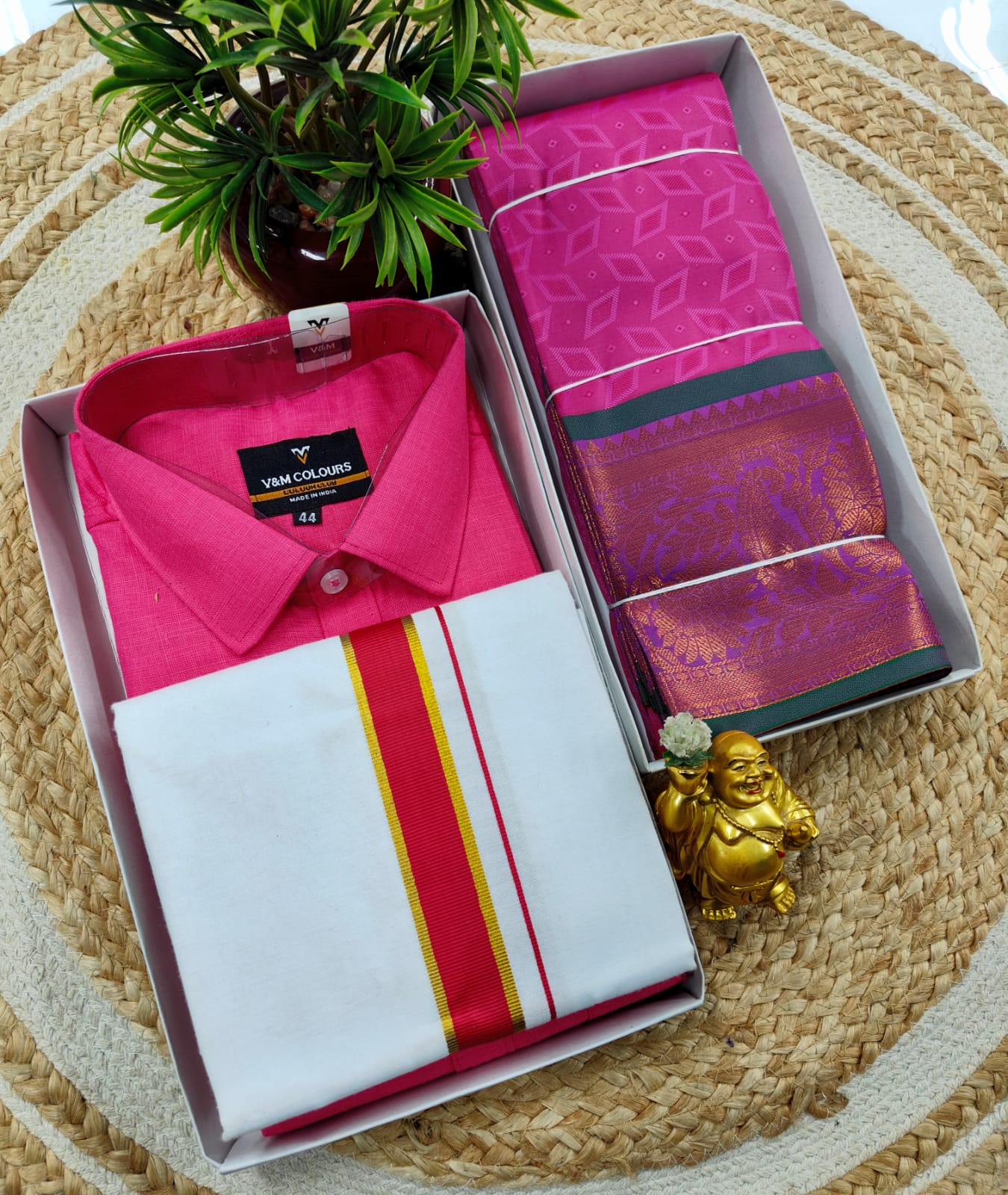 Semi Silk Embossed Saree and Cotton Dhoti Shirt for Couples