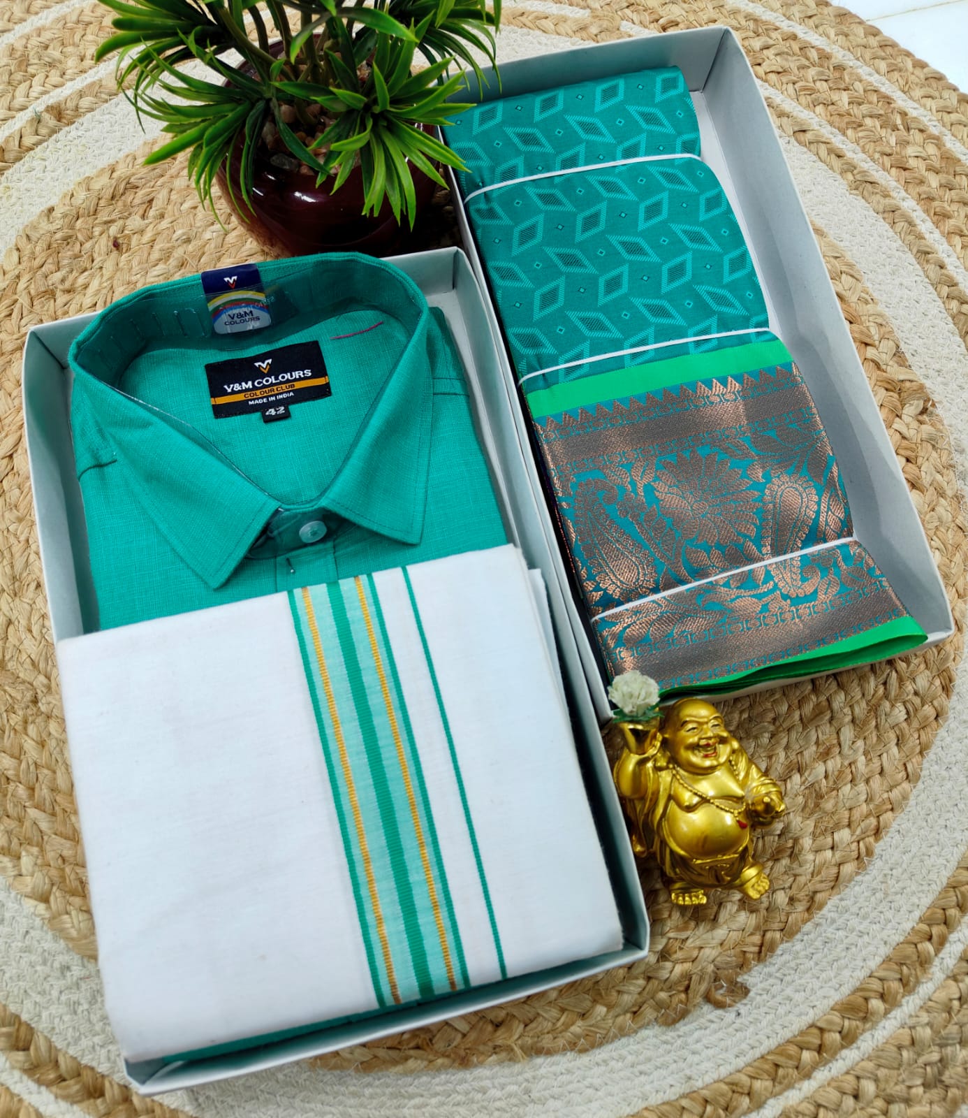 Semi Silk Embossed Saree and Cotton Dhoti Shirt for Couples