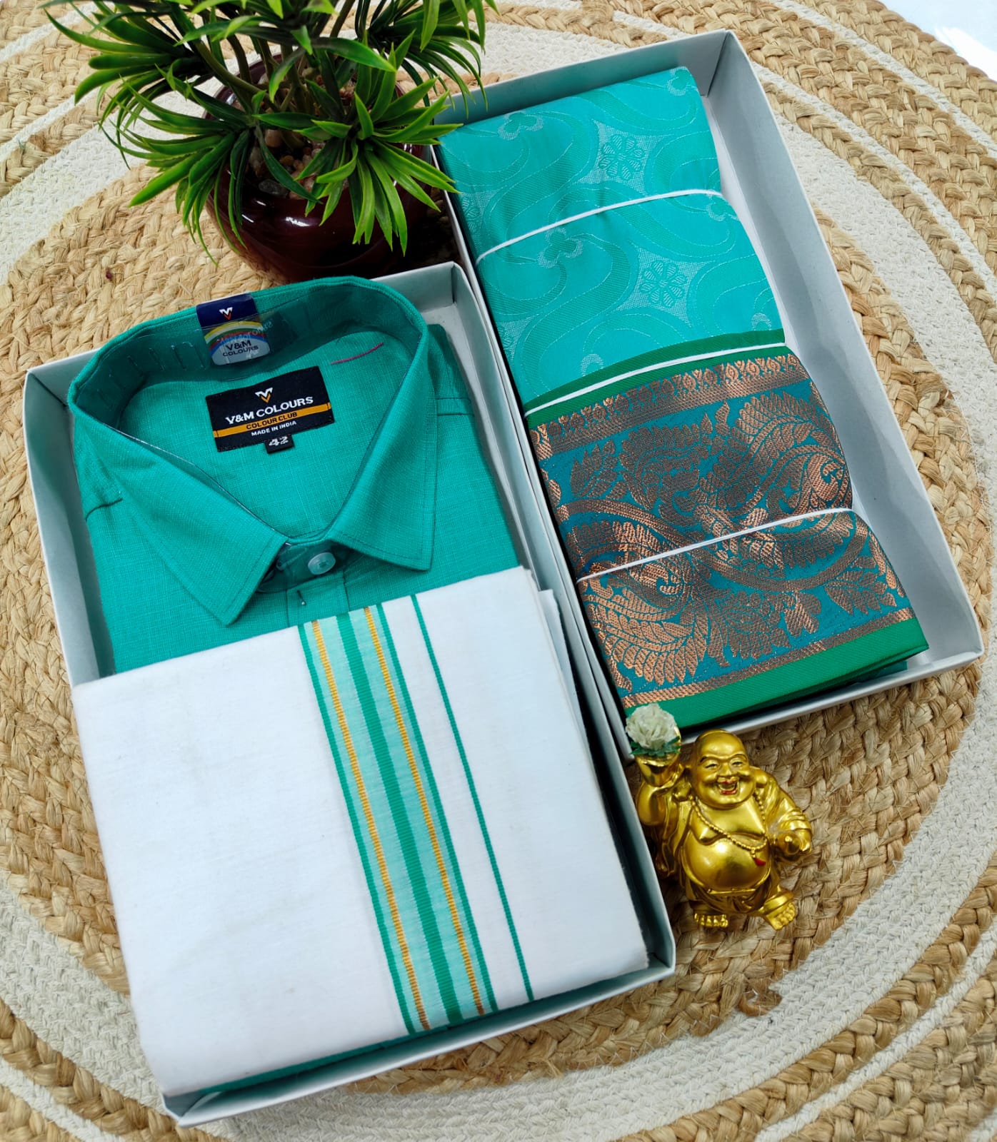 Semi Silk Embossed Saree and Cotton Dhoti Shirt for Couples