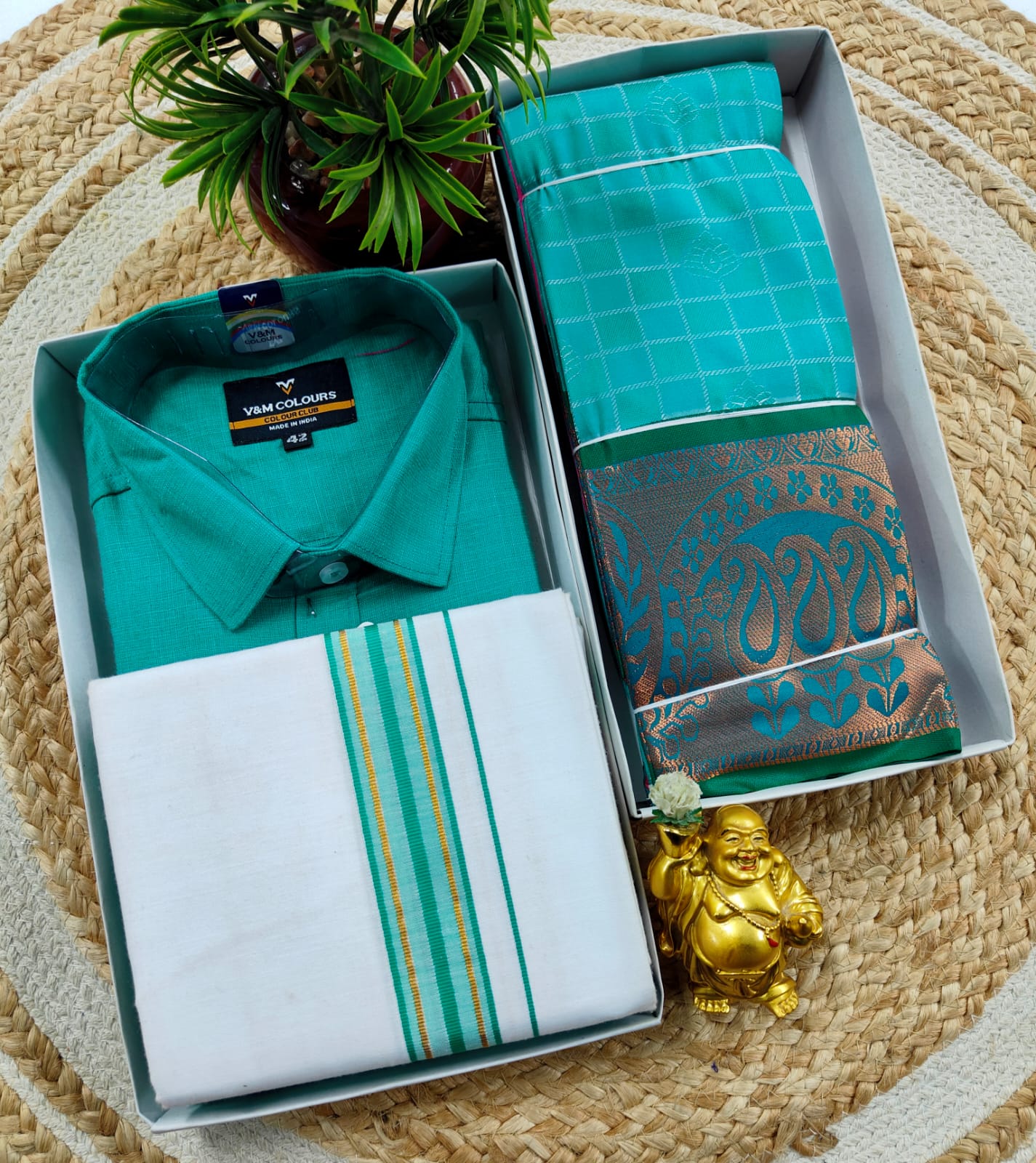 Semi Silk Embossed Saree and Cotton Dhoti Shirt for Couples