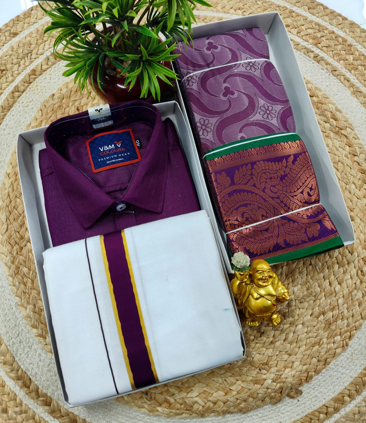 Semi Silk Embossed Saree and Cotton Blend Dhoti Shirt for Couples