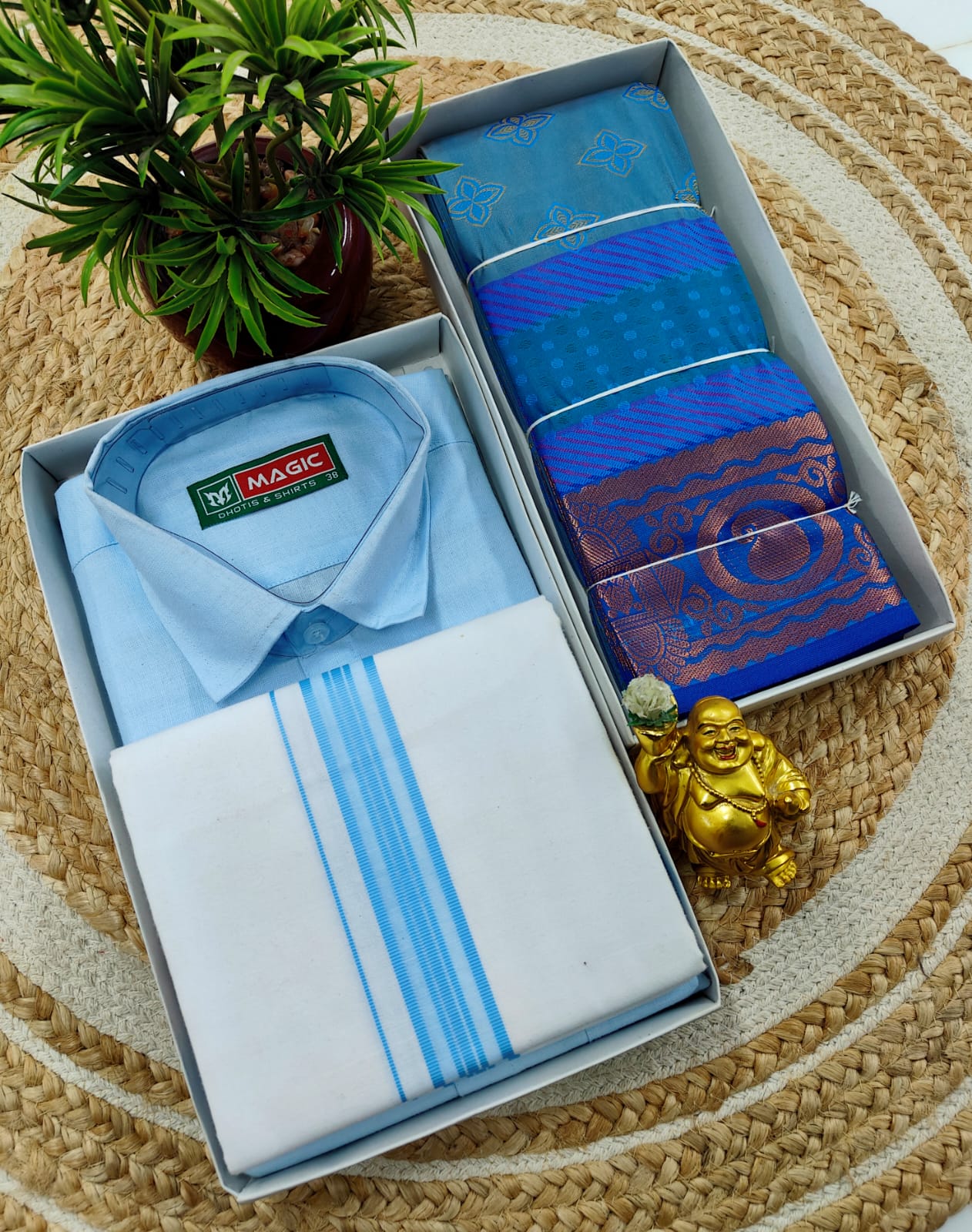 Semi Silk Embossed Saree and Cotton Dhoti Shirt for Couples