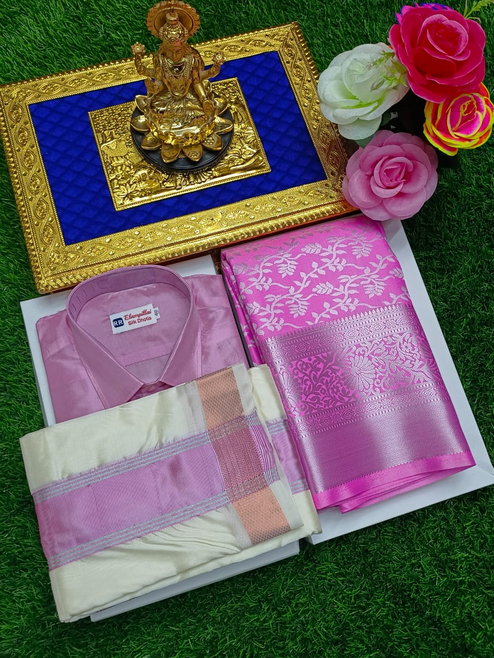 Semi Silk Saree Combo with Full Sleeve Shirt & 8 Mulam Dhoti