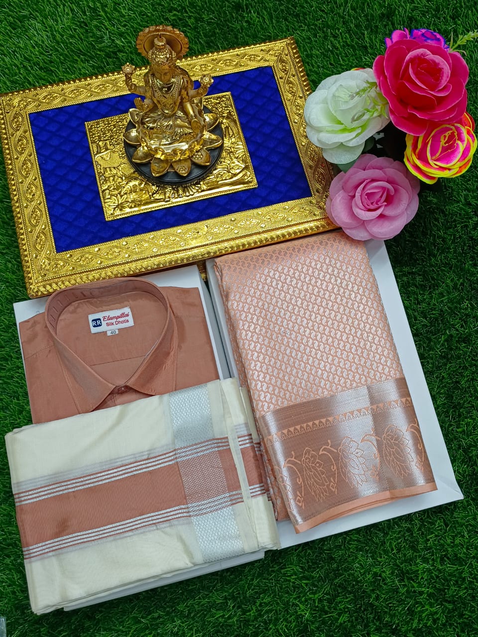 Saree & Dhoti Shirt Combo – Semi Silk, Woven Zari