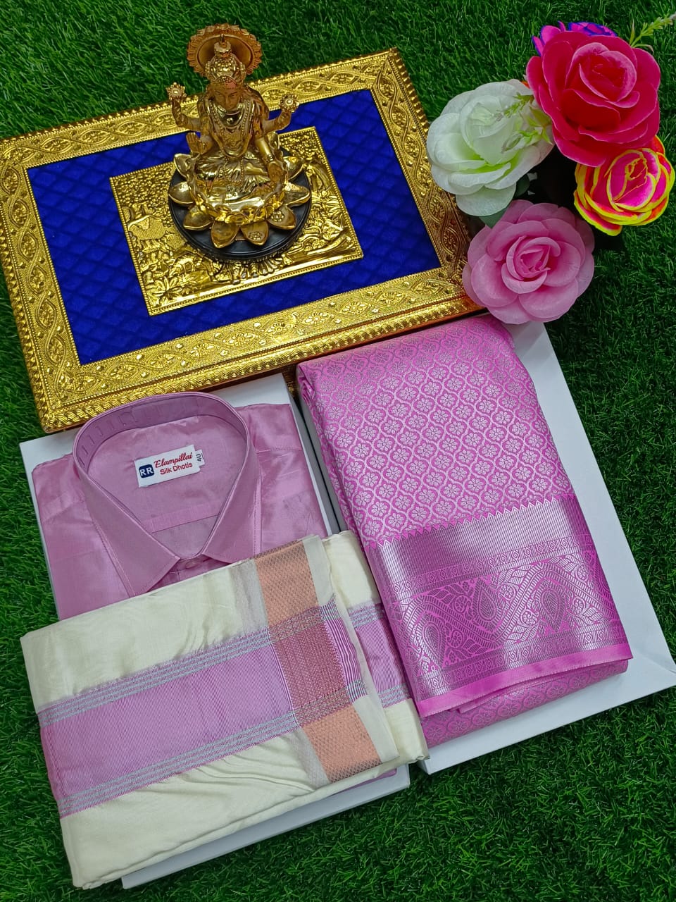 Semi Silk Saree with Shirt and Vesti – Couple Combo