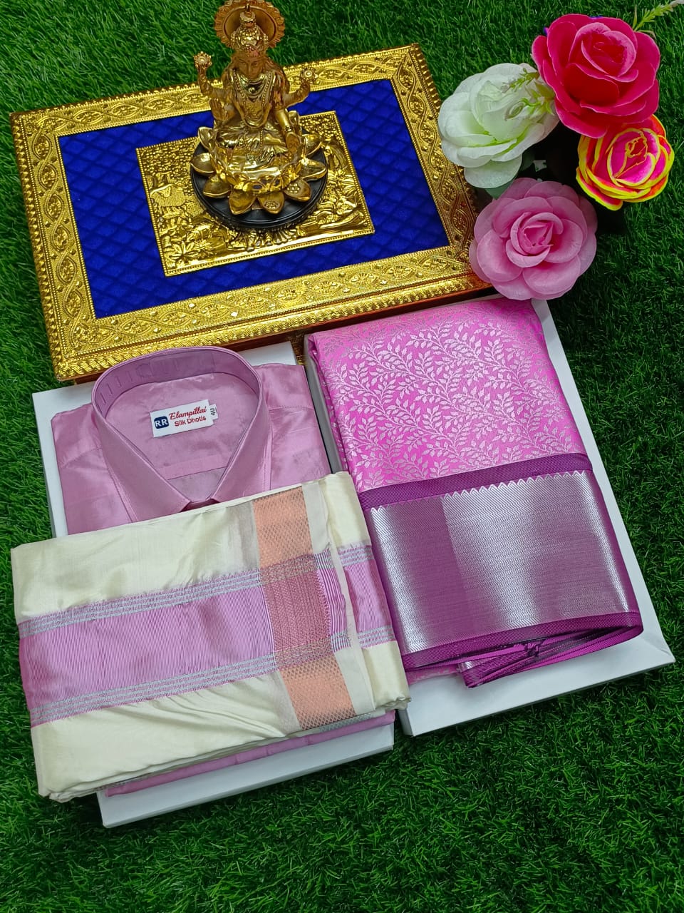 Full Sleeve Shirt with Zari Saree and Double Dhoti Set