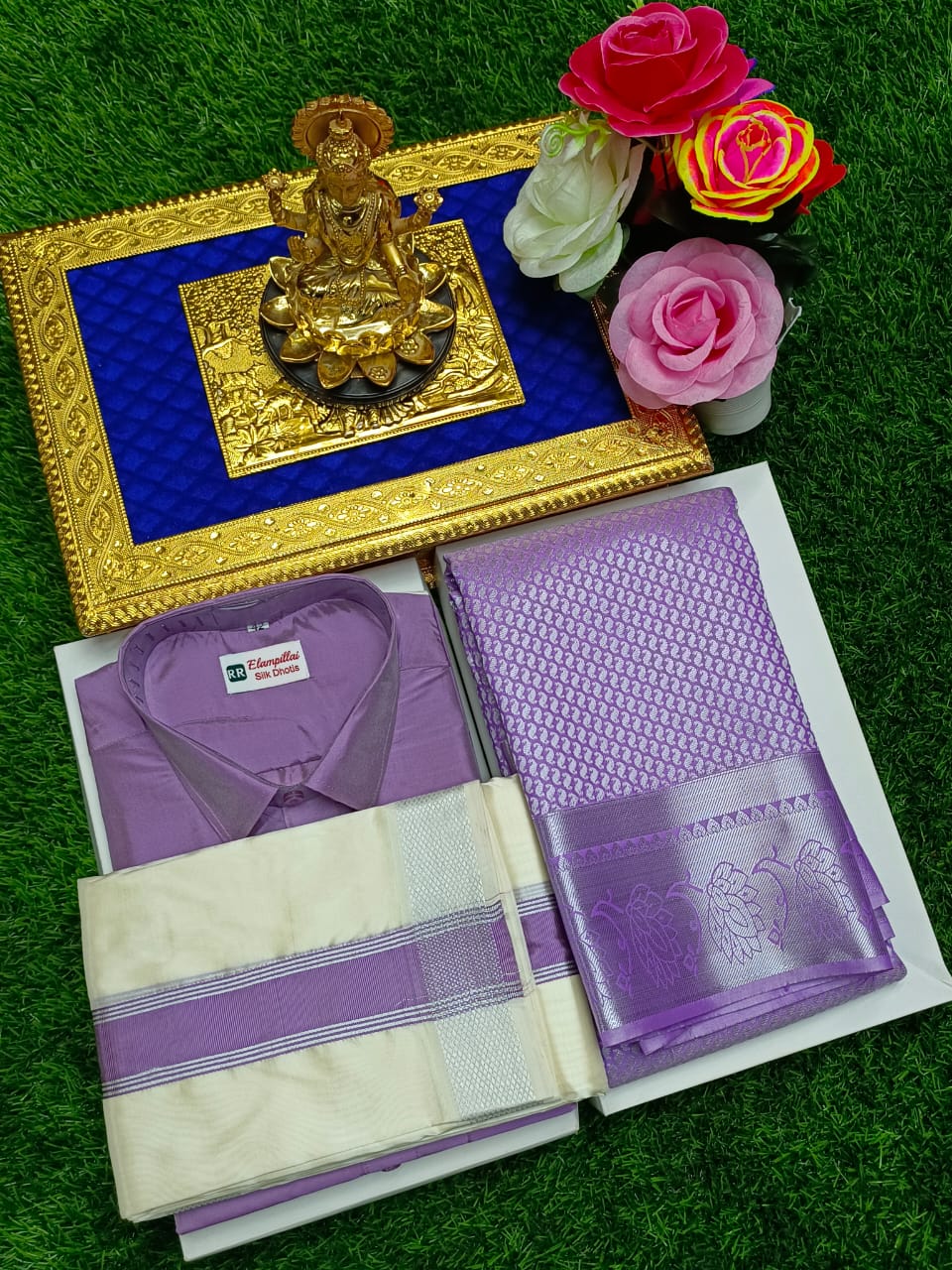 Zari Brocade Semi Silk Saree with Shirt Dhoti Pair