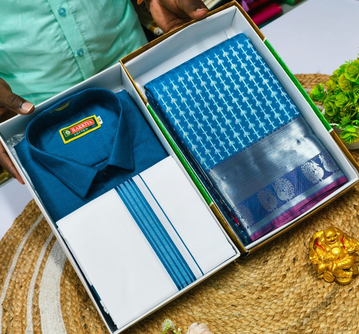 Vibrant Couple Combo – Saree & Summer Cotton Blend Set - CoupleWeaves