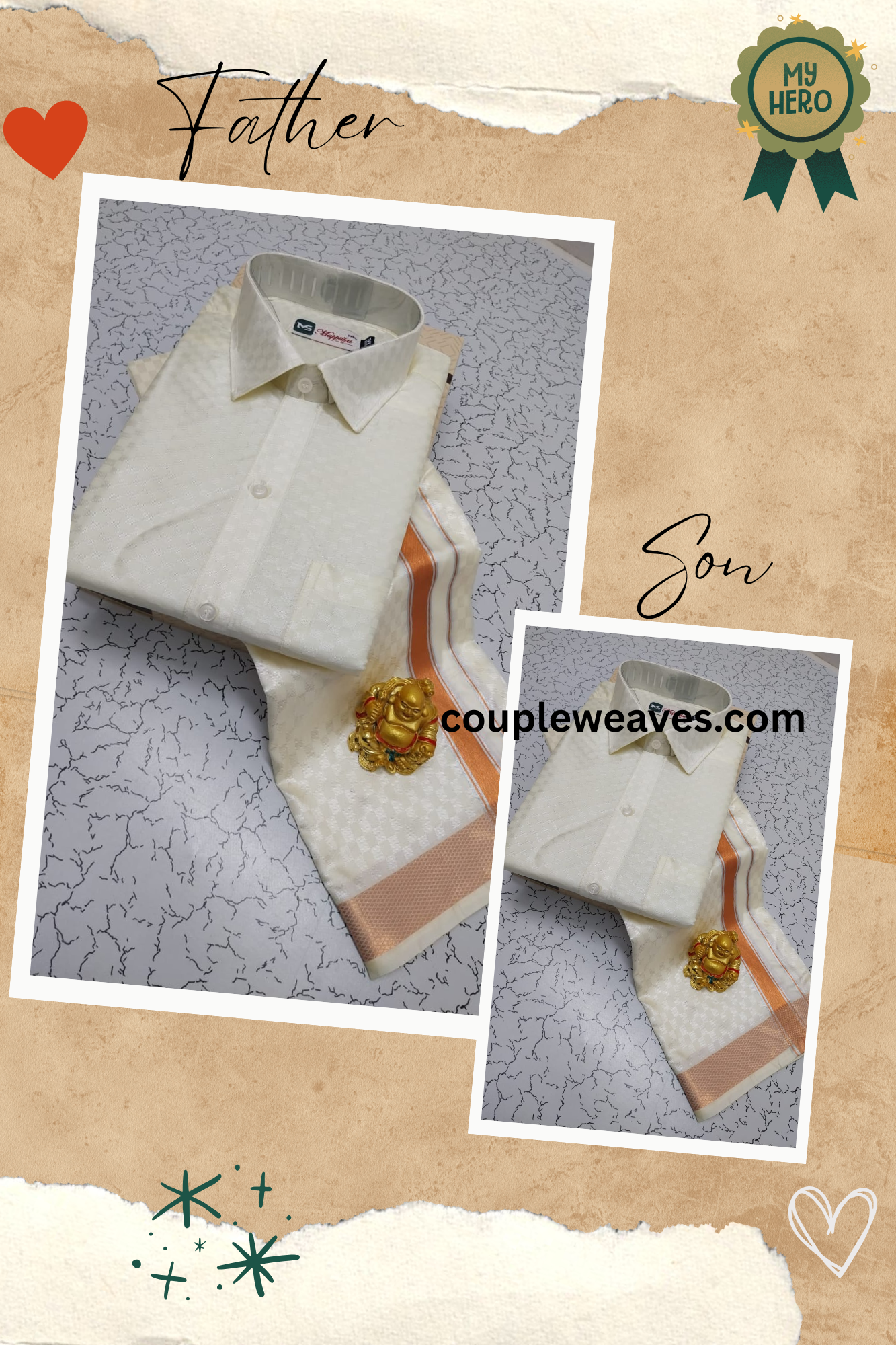 Heritage Emboss Pattern Father & Son Traditional Dhoti Shirt Set