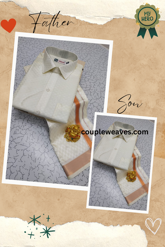 Heritage Emboss Pattern Father & Son Traditional Dhoti Shirt Set
