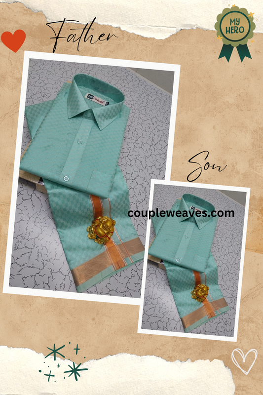 Wedding Special Emboss Design Father & Son Dhoti Shirt Combo