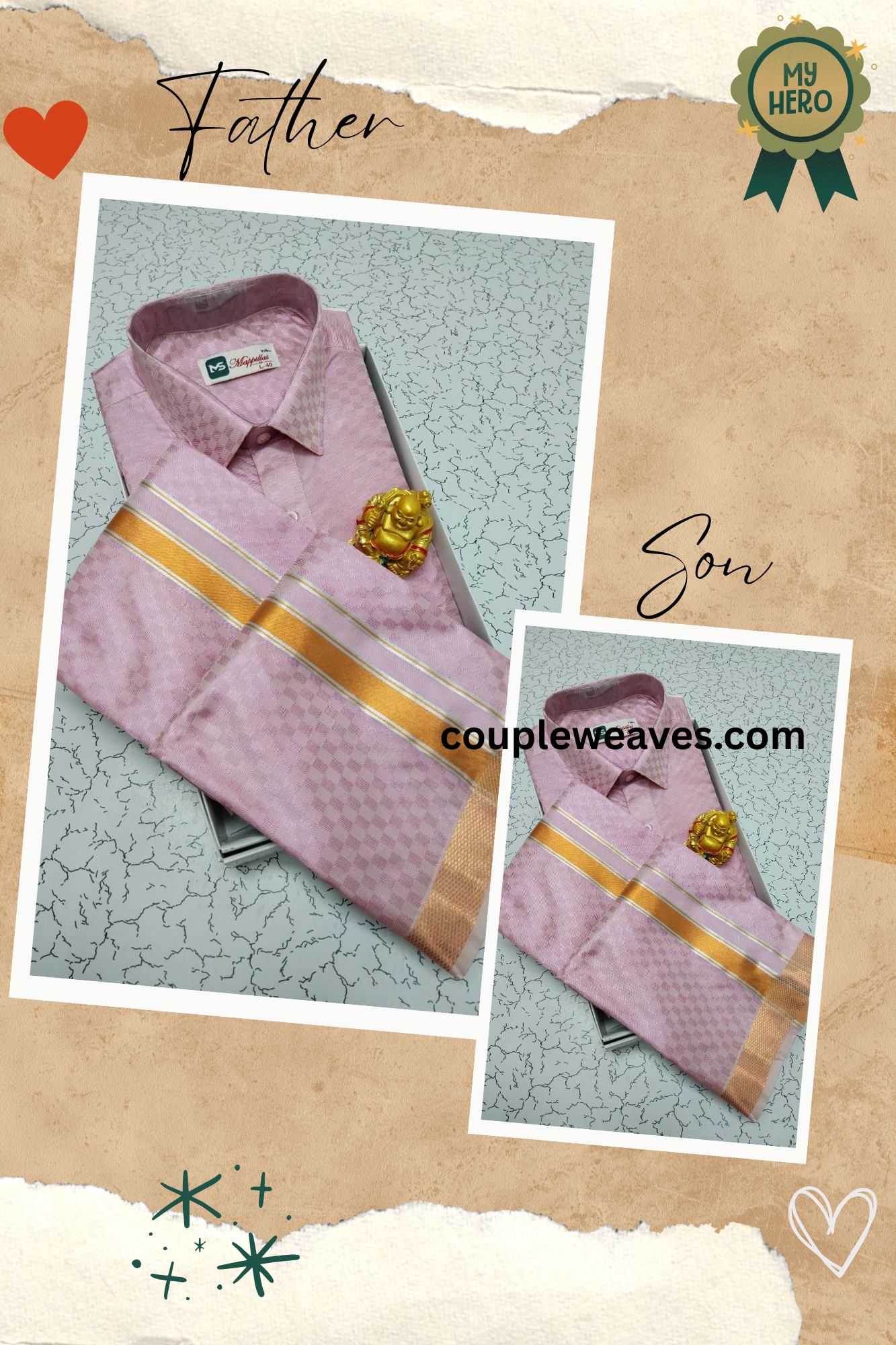 Signature Emboss Pattern Father & Son Dhoti Shirt Combo