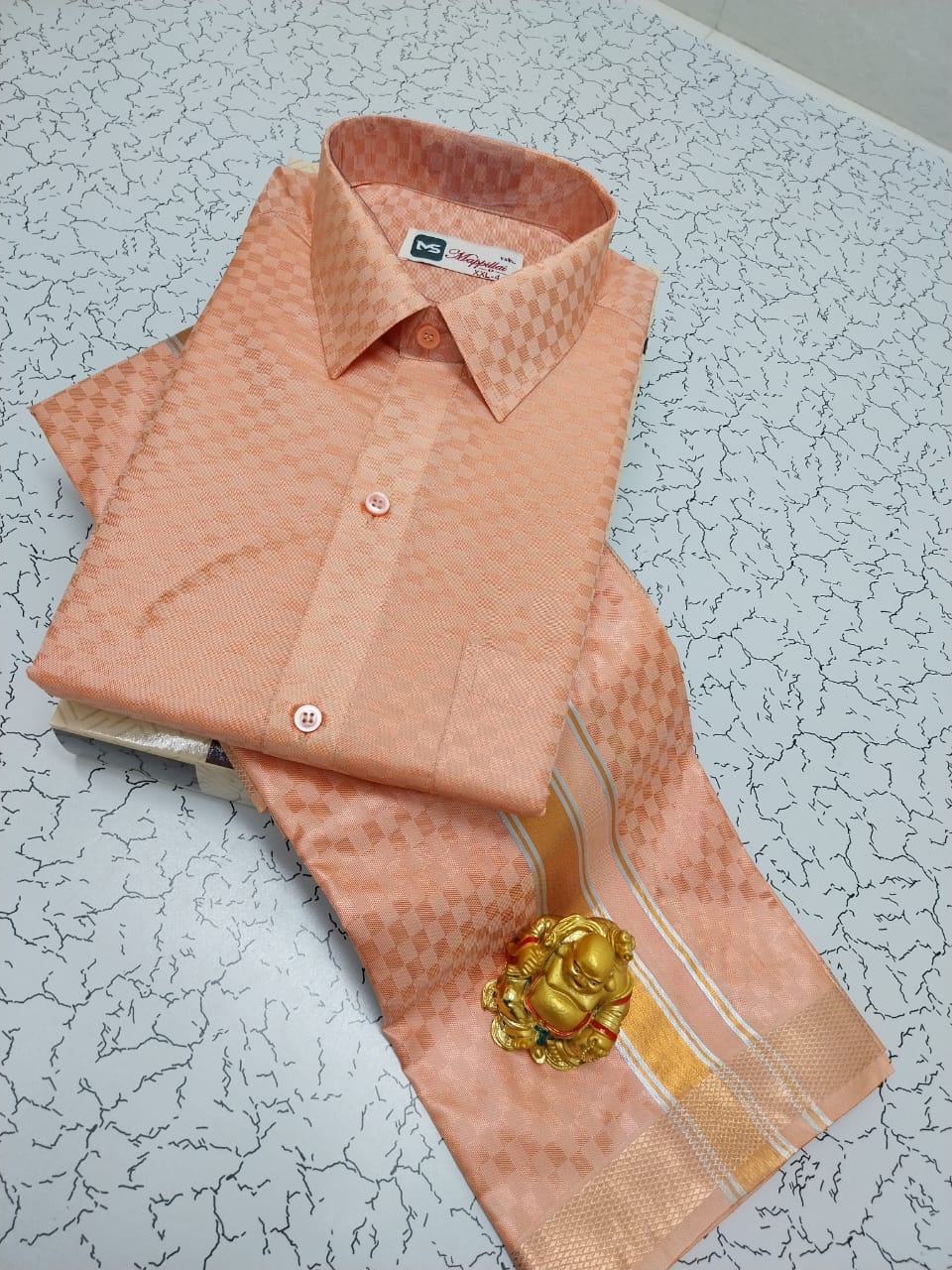 Elegant Embossed Design Father & Son Dhoti Shirt Set