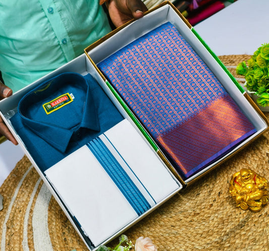 Blended Cotton Dhoti Shirt with Silk Saree - CoupleWeaves