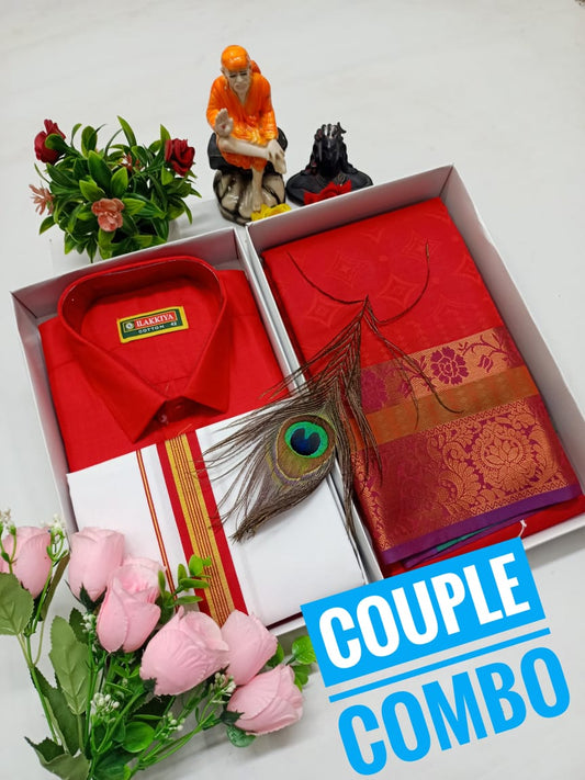 Blended Cotton Shirt Dhoti & Embossed Saree Set - CoupleWeaves
