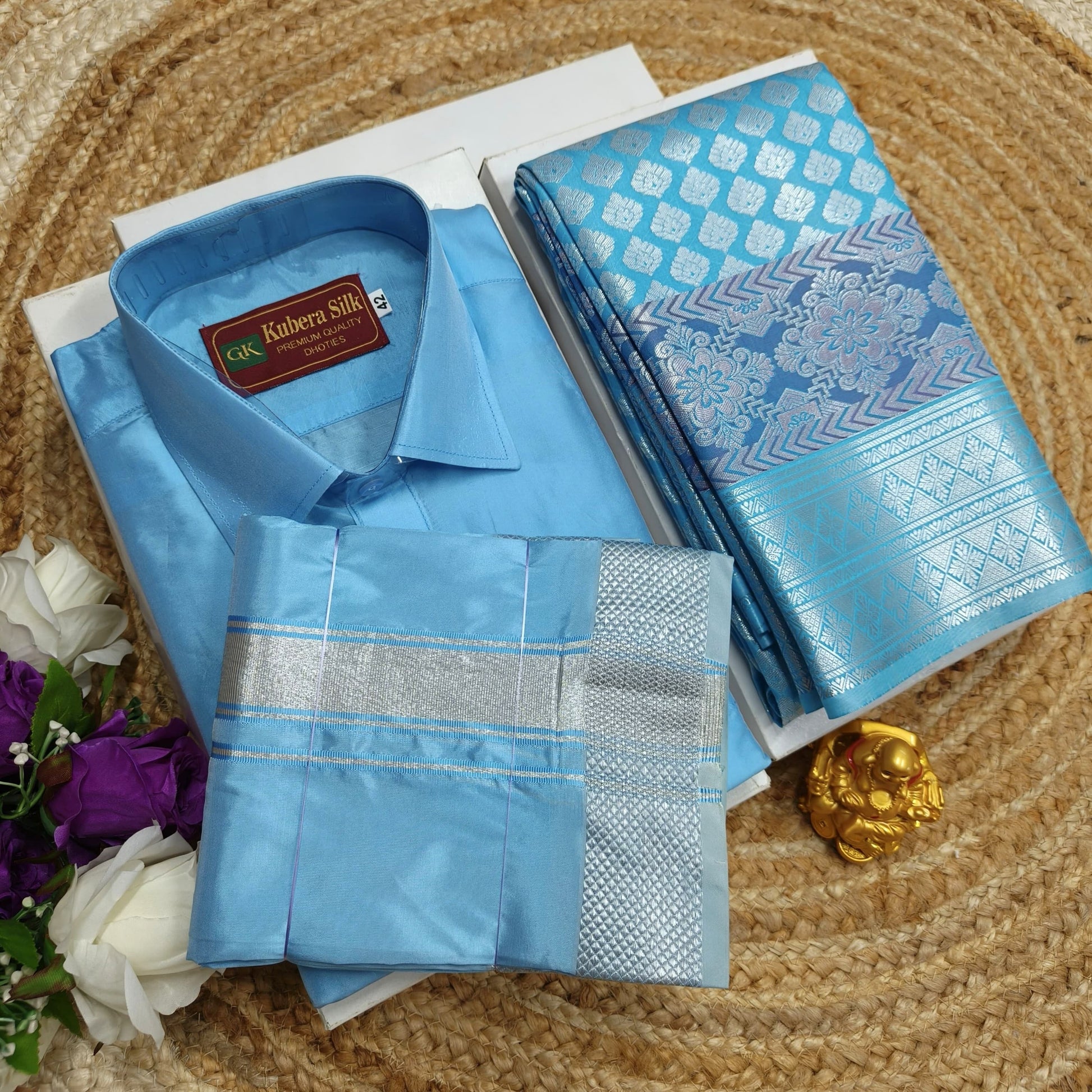 Bride and Groom Saree Dhoti Shirt Combo - CoupleWeaves