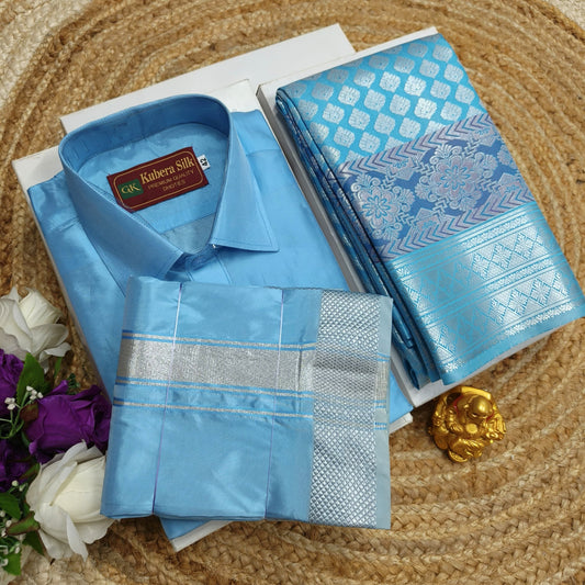 Bride and Groom Saree Dhoti Shirt Combo - CoupleWeaves