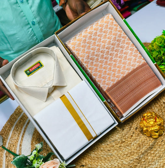 Casual Ethnic Couple Combo – Saree & Dhoti Set - CoupleWeaves