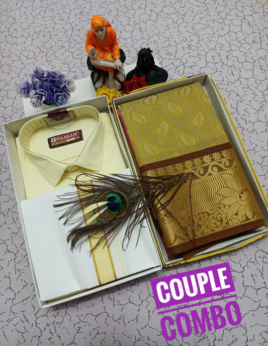 Ceremony Ready Couple Combo – Embossed Saree Style - CoupleWeaves